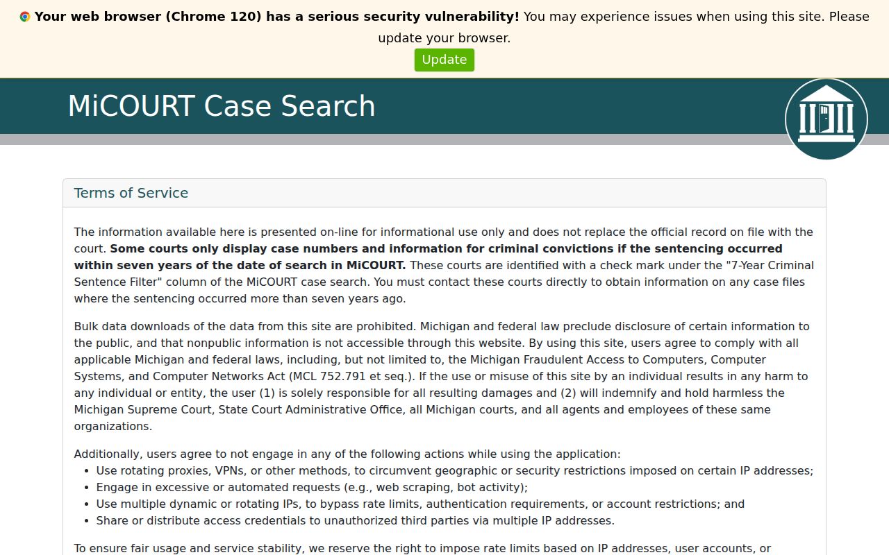 Gladwin County case lookup research showing MiCOURT public name and case-number search