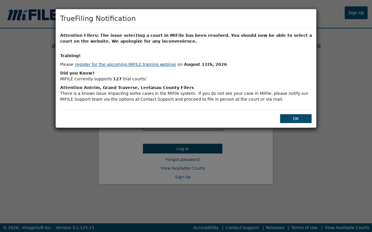 Gladwin County case lookup research showing MiFILE and TrueFiling account access