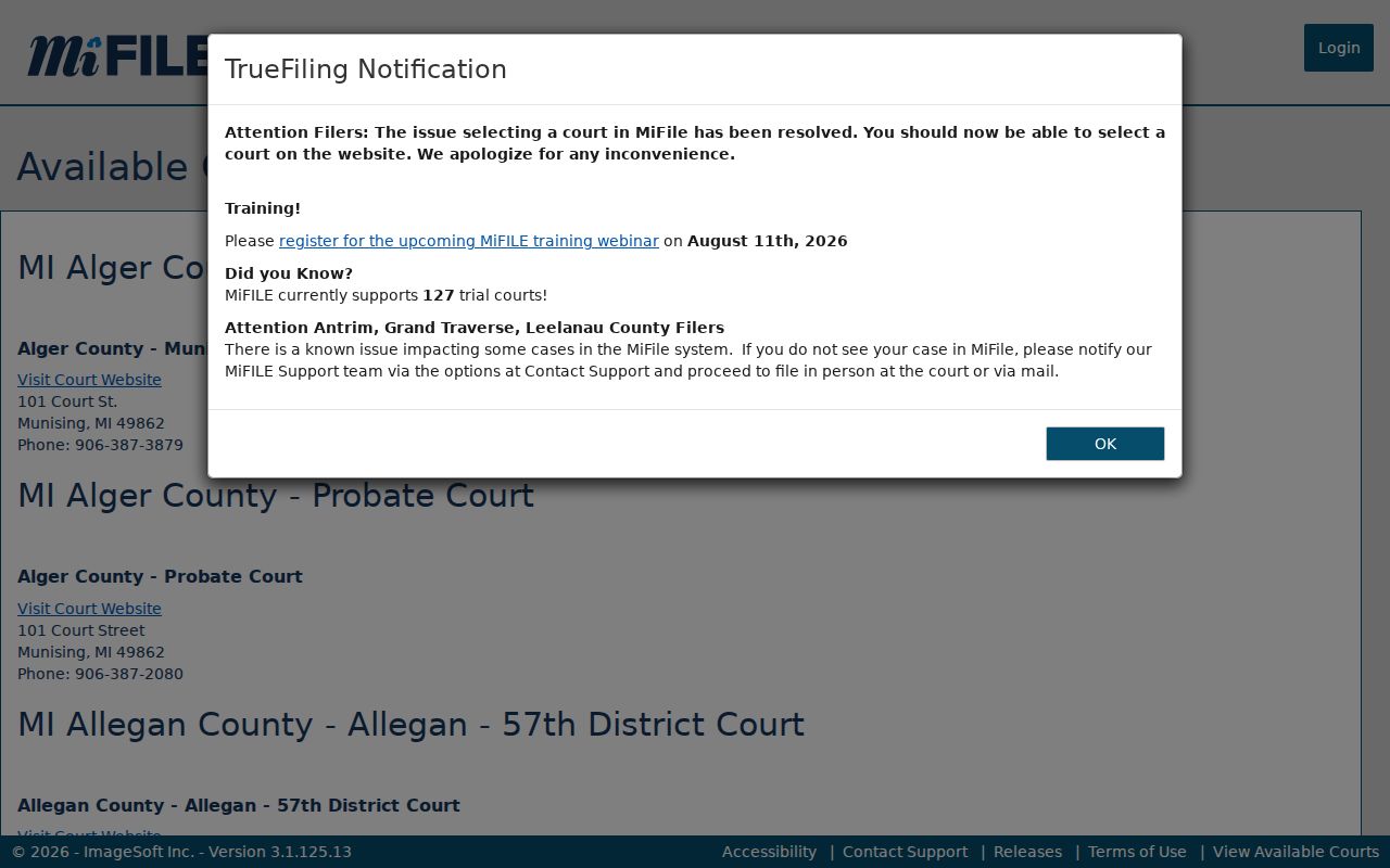 Gladwin County case lookup research showing the MiFILE available-courts directory