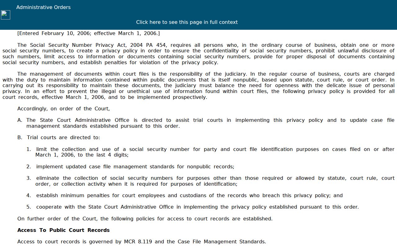 Gladwin County court records research showing Michigan court-record privacy policy