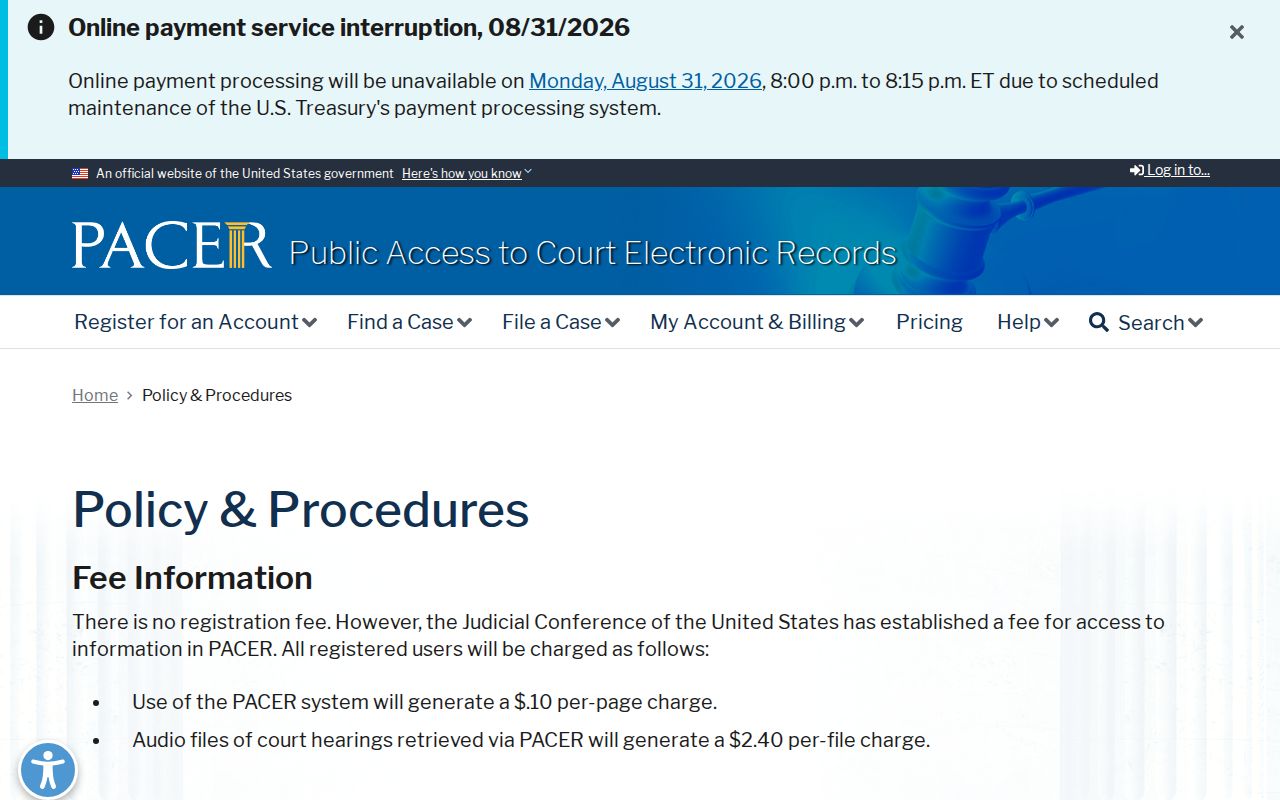 Gladwin County court docket research image showing PACER federal record access policy
